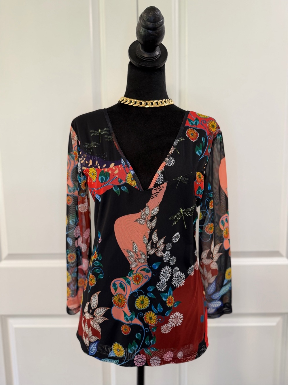 EDAS Made in Italy Floral Print V-Neck Long Sleeve Mesh Blouse US Size 10